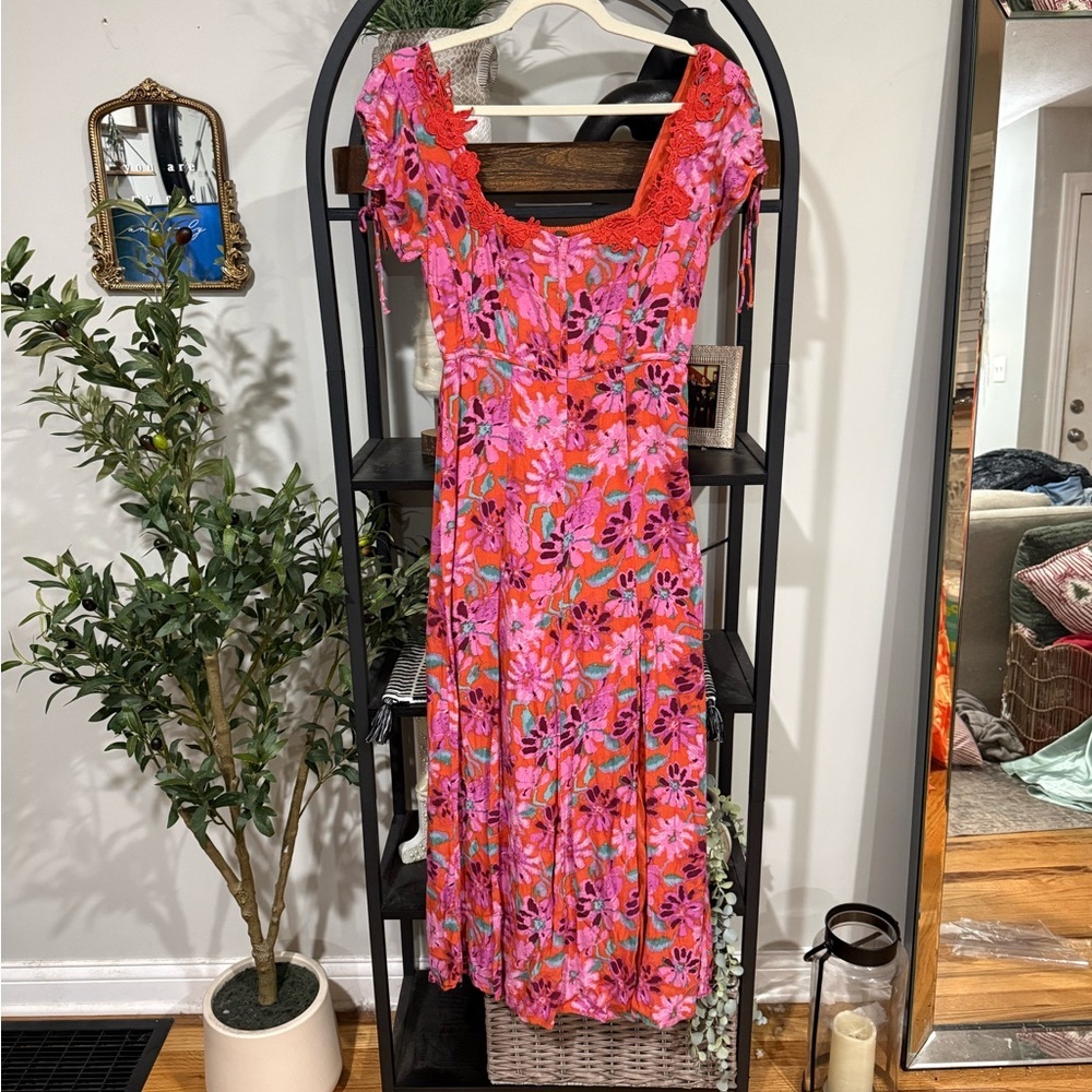 Free People Floral Midi Dress Pink Orange Lace Trim Small - Picture 5 of 13